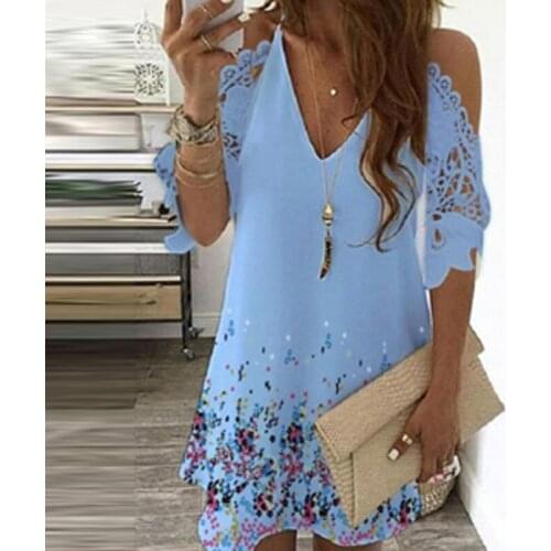 2021 Summer V Neck Floral Print Party Dress Women Spring Half Sleeve Lace Mini Dress Femme Off Shoulder Embroidered A-Line Dress