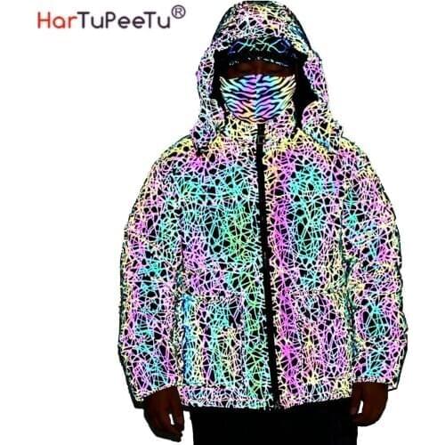 Winter Men Rainbow Reflective Hooded Parkas Down Cotton Jacket Luminous Clothing Street Nightclub Hip Hop Dance Cargo Outcoat