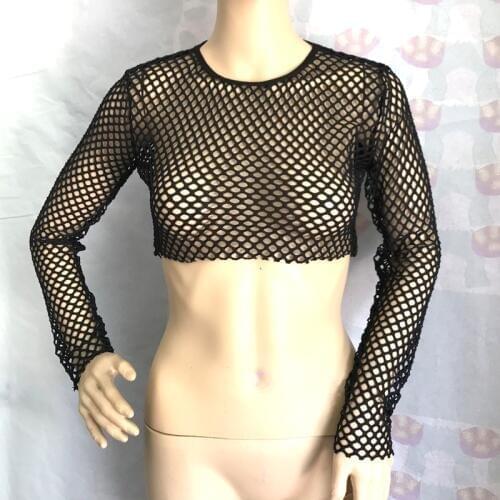 2018 Sexy Women See Through Mesh Fishnet Tee Black Perspective Bodycon Long Sleeve Crop Tops Hollow Out Beach T Shirt