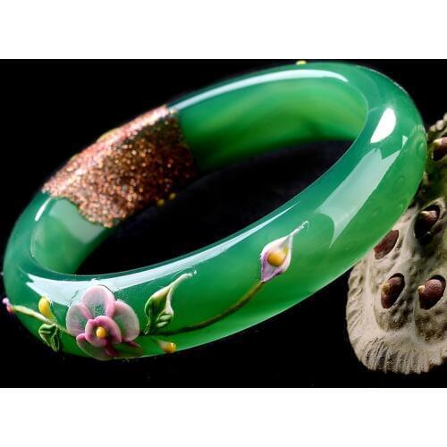 Natural Green Bracelets Colored Drawing Peacock and Flower Bracelets Bangles Gift For Women Jades Jewelry