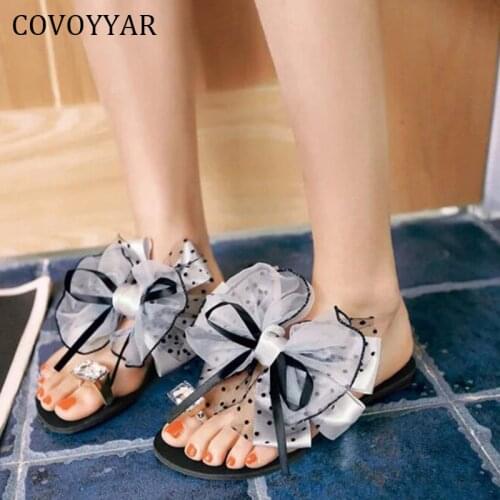 COVOYYAR Fashion Jeweled Flat Women Slippers Bow-tie Summer Shoes Woman Flip Flops Beach Sandals Lady Slide Shoes Plus 42 WSS48