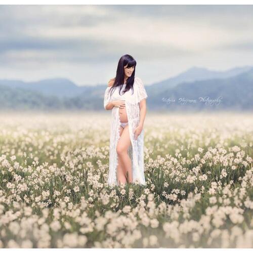 Le Couple Slash Neck Lace Maternity Long Dress Eyelashes Lace White Maternity Maxi Dress Slit Front Open Pregnancy Dresses