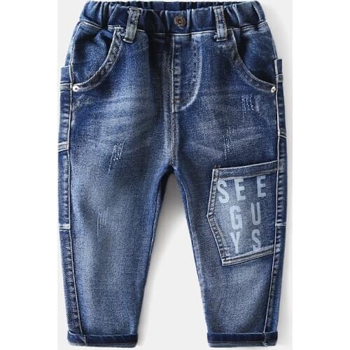 Letters Pocket Fashion Boys Denim Pants Cotton Jeans Trousers for Girls Cowboy Outwear Childrens Clothing