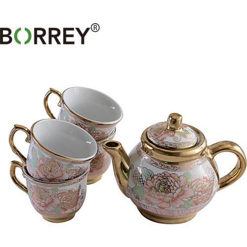 BORREY 5Pcs Porcelain Tea Set Ceramic Hand-painted Teapot Turkish Flower Tea Pot Gold Handle Teacup Coffee Cup Kung Fu Tea Set