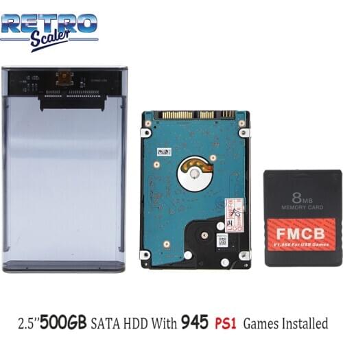 FMCB V1.966 8MB/16MB/32MB/64MB for USB games+2.5'' SATA Hard Drives 500GB with PS1 945 games Installed +Transparent Black Case