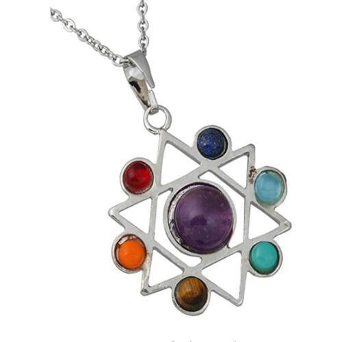 FYJS Unique Silver Plated Star of David with Colorful Small Stone Pendant Healing Chakra Necklace Amulet Jewelry