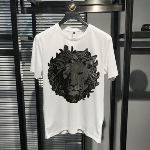 Summer Black European Brand Men High Quality Diamond Lion Head Hip Hop Pop Style Design Short Sleeve 4 Colors