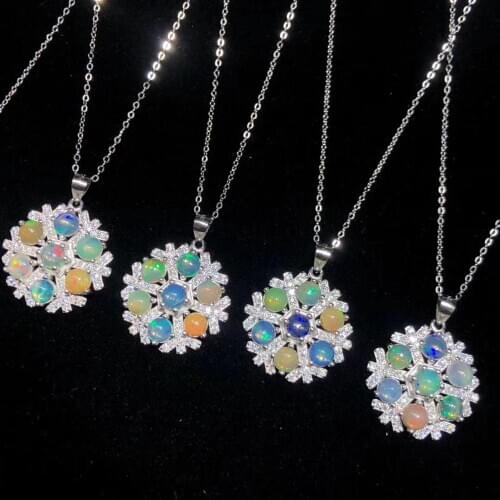 New Arrival Mix Colors Natural Opal Stone 925 Sterling Silver Natural Opal Snowflake Pendant Necklace for Gift