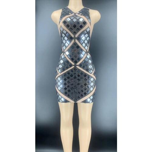 New Silver Sequins Transparent Black Short Dress Bar Prom Women Dancer Outfit Birthday Celebrate Mirror Dress