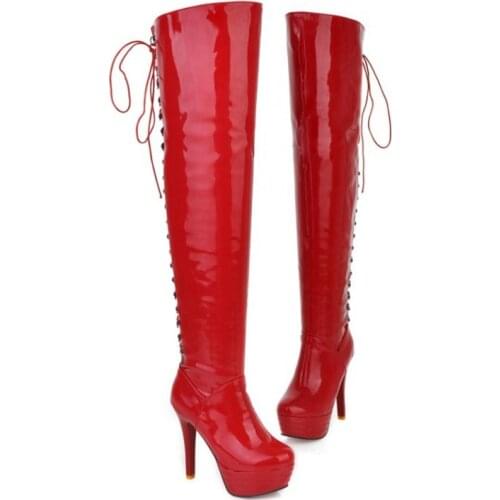 Sexy High Heels Behind Lace Up Thigh High Boots Patent Leather Platform Boots Gothic Shoes Womens Plus Size Boots 32- 52 M-888