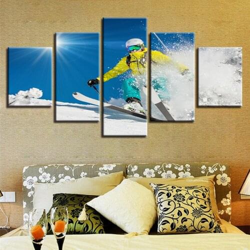 Framework Decor Modern HD Prints Wall Art 5 Pieces Snowboarding Sports Sunshine Scenery Paintings Modular Pictures Canvas Poster