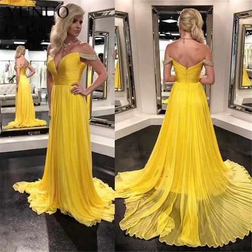 YuNuo Yellow Classic Off Shoulder Evening Dresses Long with Beaded Pleat Chiffon Forml Party Dress for Women N2