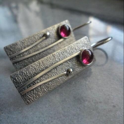 Retro Long Flower Carved Square Dangle Earrings for Women Vintage Purple Stone Inlay Boho Ethnic Statement Drop Pendant Earrings