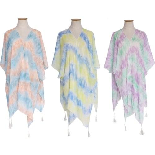 Women Swimsuit Bikini Cover Up Gradient Colorful Print Open Front Kimono Cardigan with Tassels Loose Chiffon Beachwear