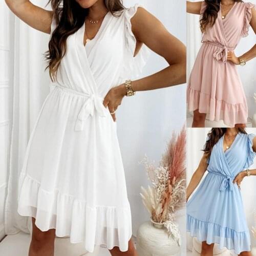 Women Minimalist Dress 2021 new style Lacework Cuff Cross Collar V Neck Sexy Dress for Summer White 3XL vestidos Women Clothing