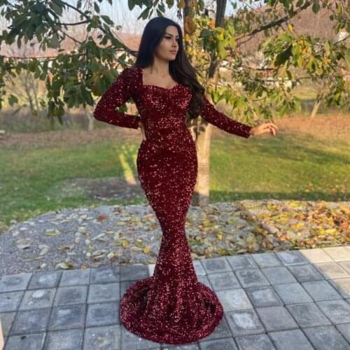 Squined Burgundy Prom Dress Long Vestido De Fiesta Evening Party Gowns Mermaid Evening Dress Celebrity Party Gowns