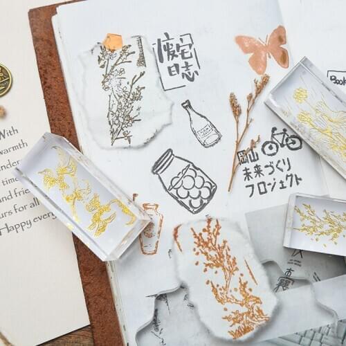 1pc Acrylic Seal Transparent Stamp Golden Plant Pattern Decorative Scrapbook Material Tool for DIY Handbook