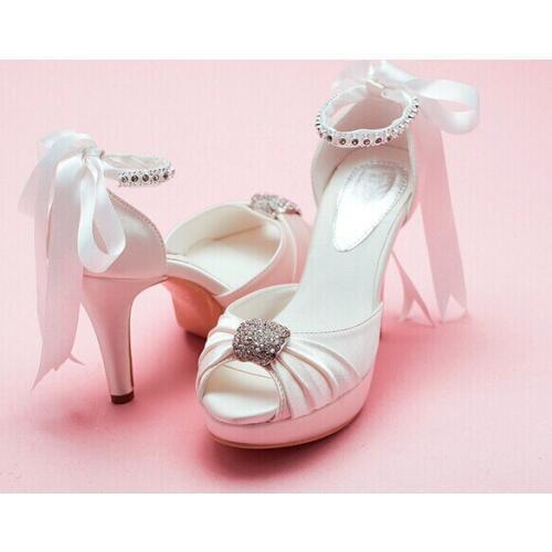2018 Lovely Bowtie Rhinestone Satin White Shoes Bridal Wedding Shoes Dreamy Peep Toe High HeelsProm Gown Dress Shoes