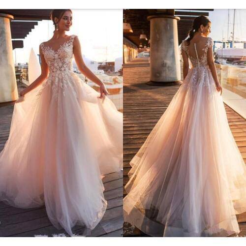 2021 Elegant Blush Pink Lace Appliques A Line Wedding Dresses Sheer Scoop Neck Tulle Covered Button Tulle Wedding Gowns