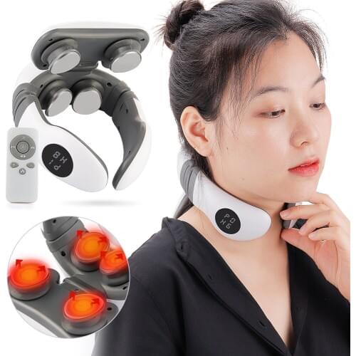 4 Heads Smart Neck and Back Pulse Massager TENS Heat Cervical Vertebra Relax Pain Kneading Massage Machine Remote Control