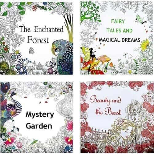 4 pcs 25x25cm Enchanted Forest+Beauty and the Beast+Mystery Garden+Fairy tale dream Coloring Book Children Adults Colouring Book