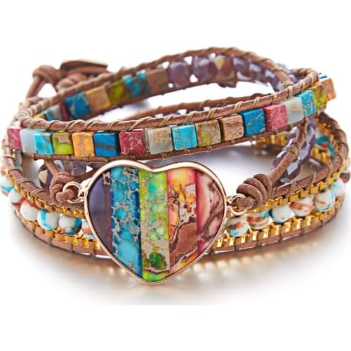 Bohemia Spiritual Chakra Leather Wrap Bracelets W/ Mix Stone Heart Shape 3 Strands Bracelet Classic Jewelry Bijoux 2021 New