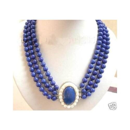Wonderful 3 rows 8mm Lapis Lazuli white pearl clasp Necklace Fashion word wholesale mujer for women -jewelry