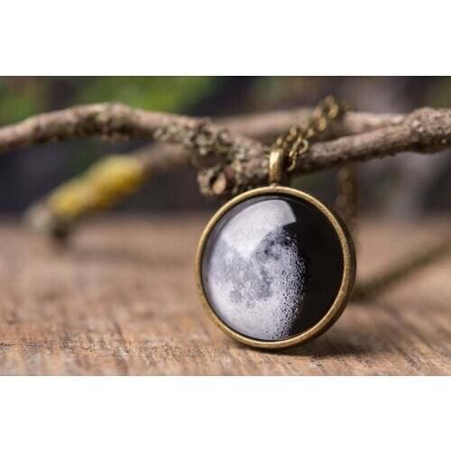 Moon Phase Image Double Sided Necklace Art Pendant Galaxy Planet Glass Ball Cabochon Handmade Astronomy Pendant Necklace Jewelry
