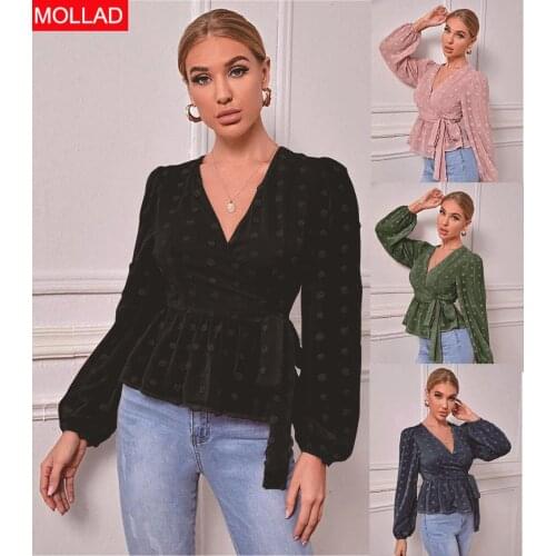 Europe and America Popular Long Sleeve V-neck Polka Dot Lace Bow Temperament Womens Shirt