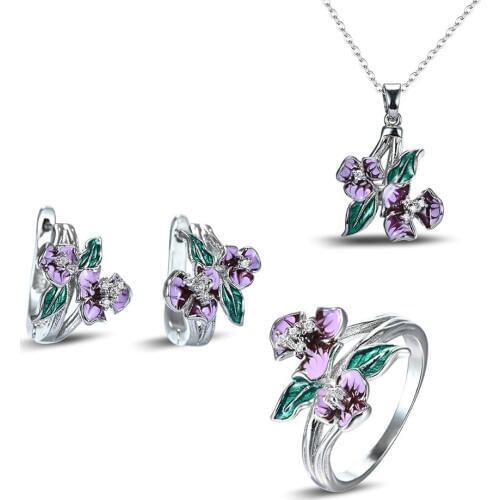 3pcs set Enamel Bohemia Purple Flower Leaf Earrings Ring Necklace Women Engagement Wedding Jewelry