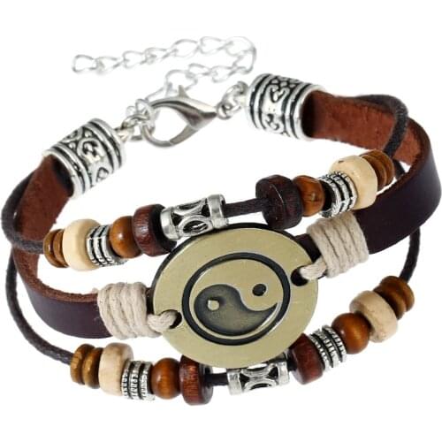 Chinese Taiji Designer Strand Leather Bracelets Handmade Beaded Charm Bangles Unisex Vintage Multi-layer Lobster Buckle Bangles