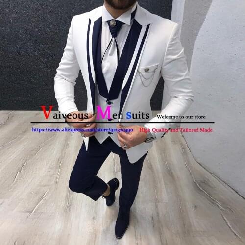 Men Suits White Groom Wear Tailor-Made Suits Wedding Tuxedos Best Man 3 Pieces Set (Blazer+Pants+Vest) Costume Homme Mariage