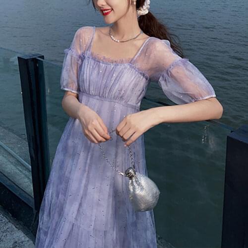 Summer Purple Elegant Strap Dresses Women Korean Kawaii Sleeveless Sweet Fairy Dresses Casual V-neck Sequins Party Dress