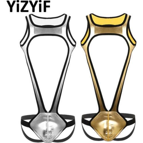 Mankini Mens One-piece Bodysuit Shiny Metallic Wide Shoulder Straps Bulge Pouch Jockstrap Wrestling Singlet Leotard Underwear