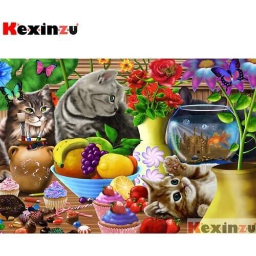 Kexinzu Full 5D DIY Square/Round Diamond Painting"Cat gathering"3D diamond Embroidery handcraft work Cross Stitch Mosaic Gift X2