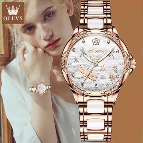 2021 OLEVS New Designer Top Brand Mechanical Watch Ladies Luxury Ceramic Stainless Steel Diamond Hollow Ladies Automatic Watch