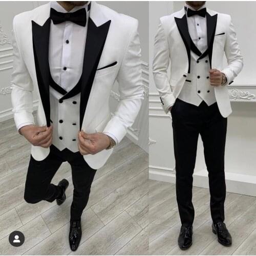 New White Costume Slim Fit Men Suits Black Pants Slim Fit Groom Tuxedos for Formal Wedding Suit Jacket Pant Vest 3 Pieces Blazer