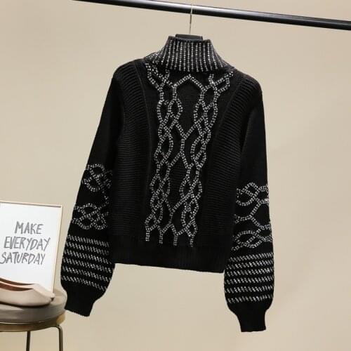 Autumn new fashion womens turtleneck long sleeve rhinestone patchwork shinny loose warm thickening sweater top jumpers