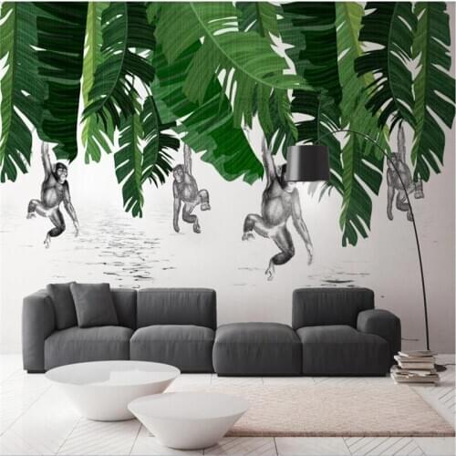 Custom wallpaper Nordic modern minimalist banana leaf monkey plant background wall-high-grade waterproof material