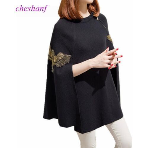 Cheshanf Autumn Winter Runway Black Gray Embroidered Bead Ponchos and Capes Pullovers Knitted Wool Sweater Women Christmas Coat
