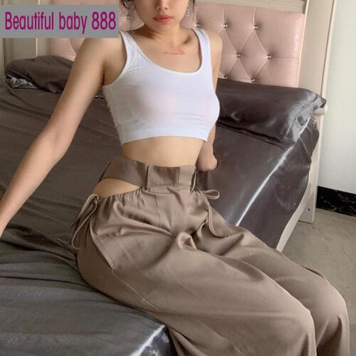 Meqeiss high waist hollow out tassel Straight pants 2020 female fashion street casual wear harajuku Khaki cargo pants women