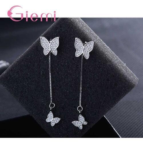 Romantic Butterfly Drop Earrings for Women Girls Birthday Gifts Original 925 Sterling Silver Shiny CZ Crystal Jewelry
