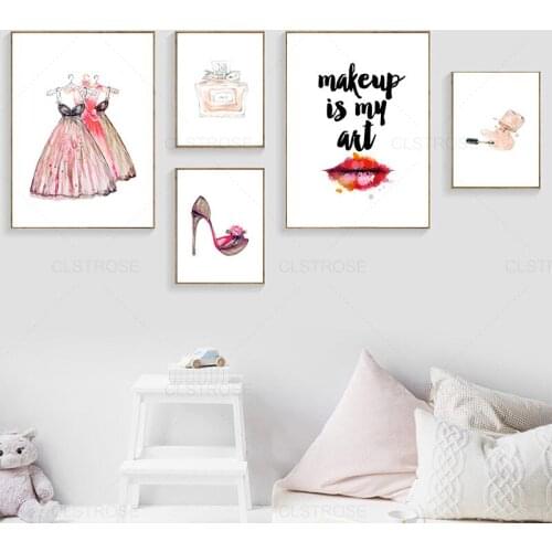 Modern Fashion Cosmetics Canvas Painting Dress High Heels Nail Polish Perfume Lip Print Art Posters Home Decor for Girls Bedroom