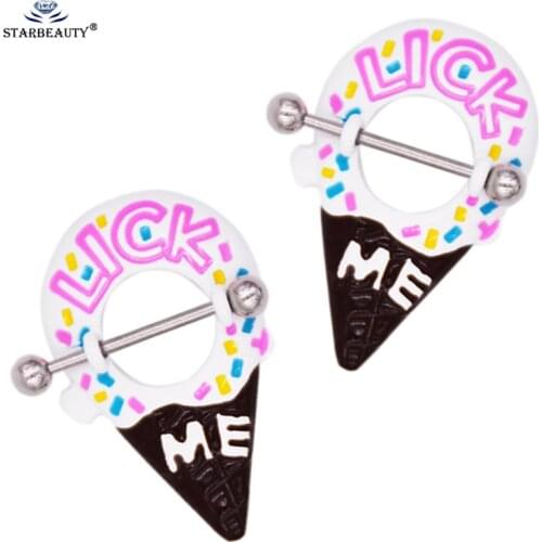 Starbeauty 2pcs/lot LICK ME Ice Cream Nipple Ring 14G Sexy Nipple Piercing Nipple Rings Women Stainless Steel Jewelry Pircing