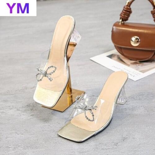 Bowknot Fashion PVC Women Sandals Summer Open Toed High Heels Transparent Heel Slippers Party Shoes Pumps Zapatillas Mujer Casa