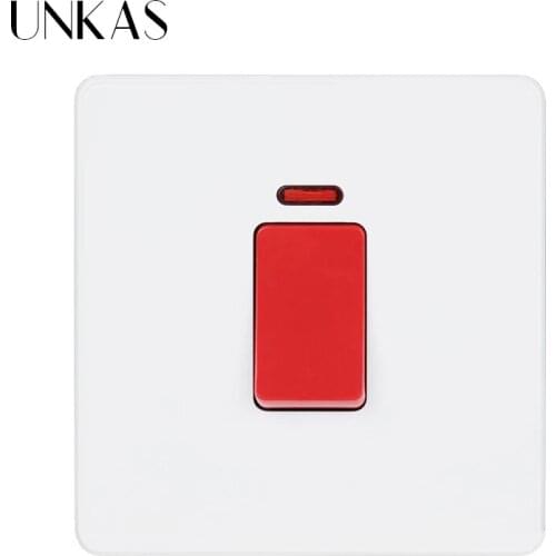 UNKAS UK Standard 20A / 45A Water Heater Switch With Neon LED Indicator Double Pole Power AC Air Cooker 86mm * 86mm