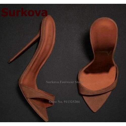 Surkova Coffee Suede Pointed Toe High Heel Slippers Women Sexy Slip-on Dress Sandals Sky High Heels Banquet Shoes Size45 Pumps