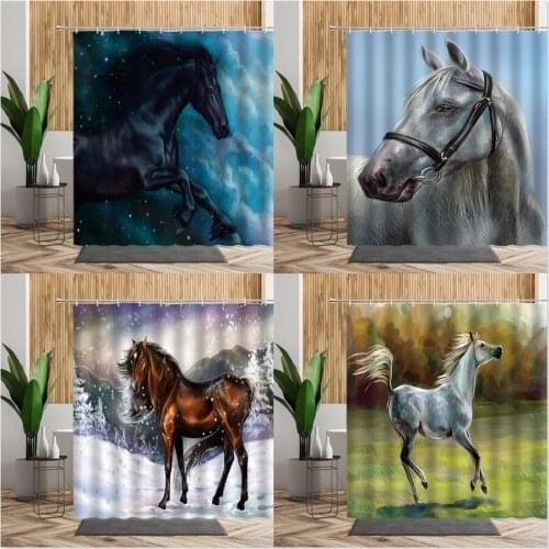 Running Horse Shower Curtain Animal Pattern Bath Curtains Creative Hand Drawn Design Waterproof Printed Fabric 3D Bathroom Decor