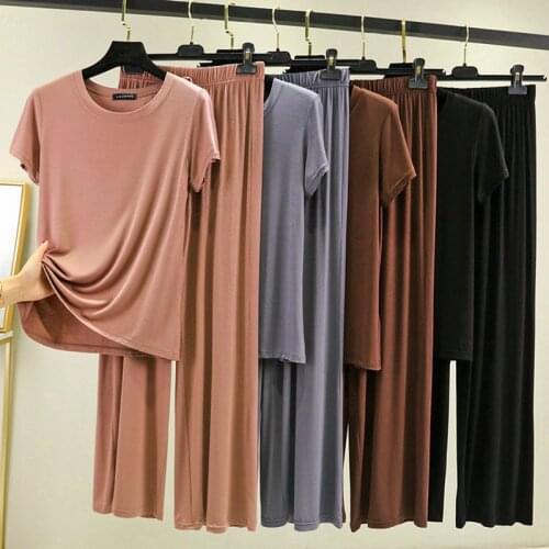 Womens Modal Pajamas Sexy Sleepwear Set Top Women Solid Pajama Set 2Piece/Suit Short Sleeves Shirt Pant Lingerie Mom Homewear