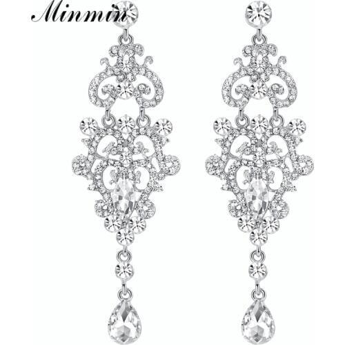 Minmin Vintage Teardrop Silver Color Crystal Female Long Drop Earring Chandelier Bridal Pendant Dangle Earrings for Women EH189
